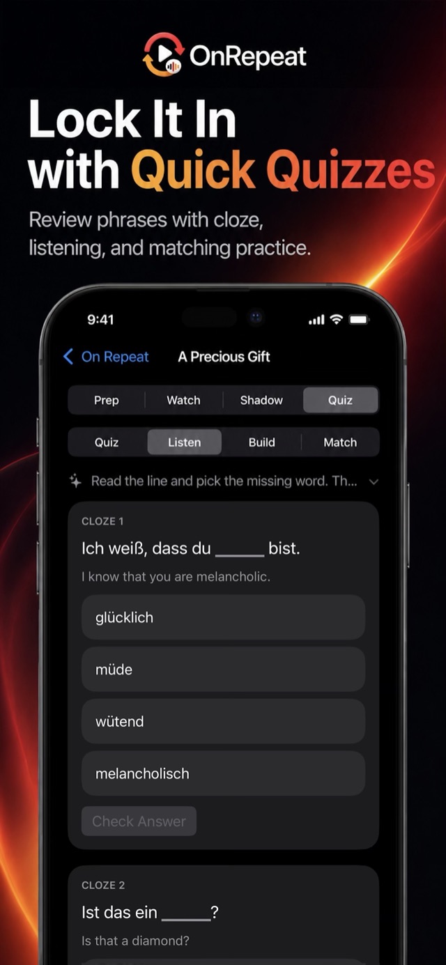 Quiz mode for reviewing missing German words