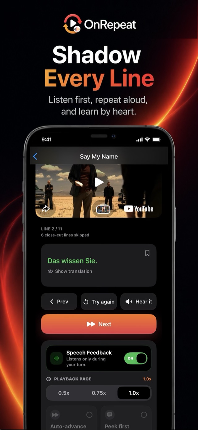 Shadowing mode for repeating each German line