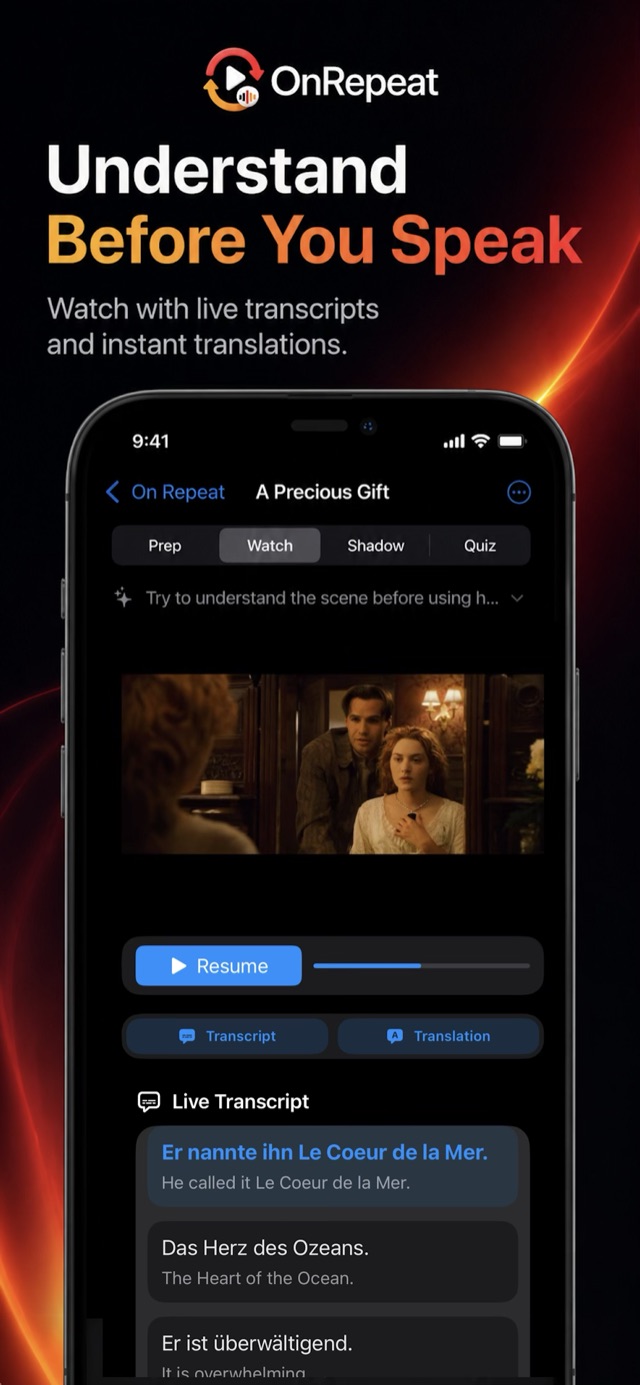 OnRepeat app lesson screen with transcript and translation